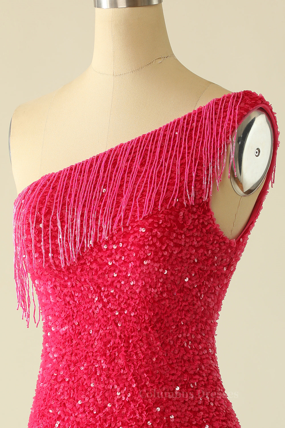 Prom Dress Inspirational, Tassels One Shoulder Hot Pink Sequin Mini Dress