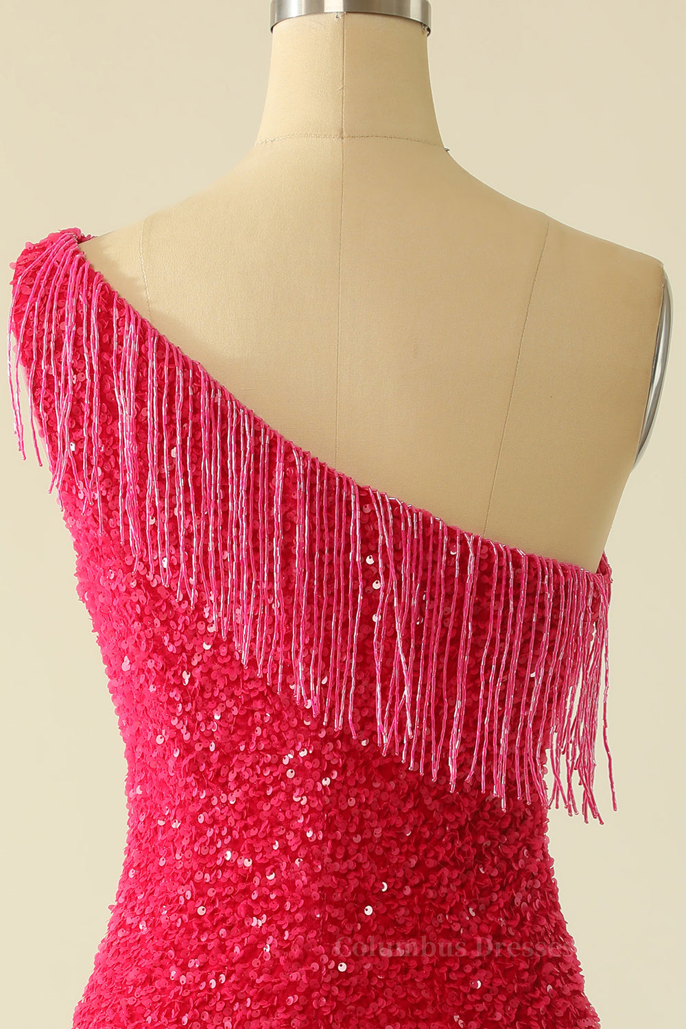 Prom Dresses Pink, Tassels One Shoulder Hot Pink Sequin Mini Dress