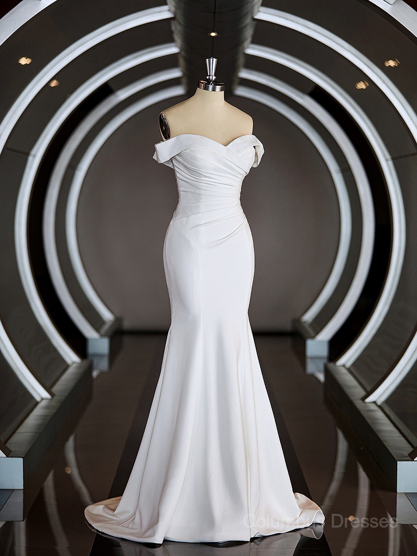 Wedding Dresses A Line Romantic, Trumpet/Mermaid Off-the-Shoulder Court Train Stretch Crepe Wedding Dresses with Pleated Main image
