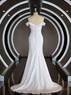 Wedding Dresses Country, Trumpet/Mermaid Off-the-Shoulder Court Train Stretch Crepe Wedding Dresses with Pleated