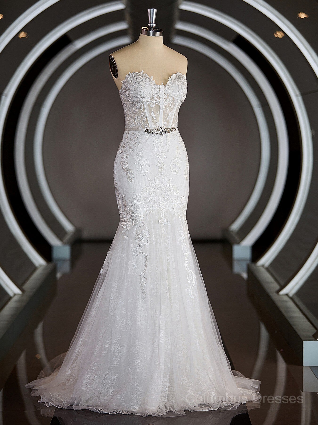 Wedding Dress With Pocket, Trumpet/Mermaid Sweetheart Court Train Tulle Wedding Dresses with Appliques Lace Main image