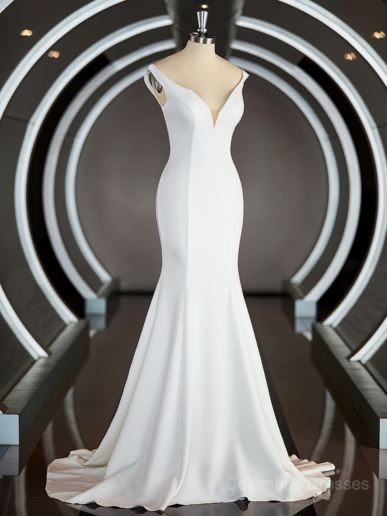 Wedding Dress For Over 57, Trumpet/Mermaid V-neck Chapel Train Stretch Crepe Wedding Dresses with Ruffles Main image