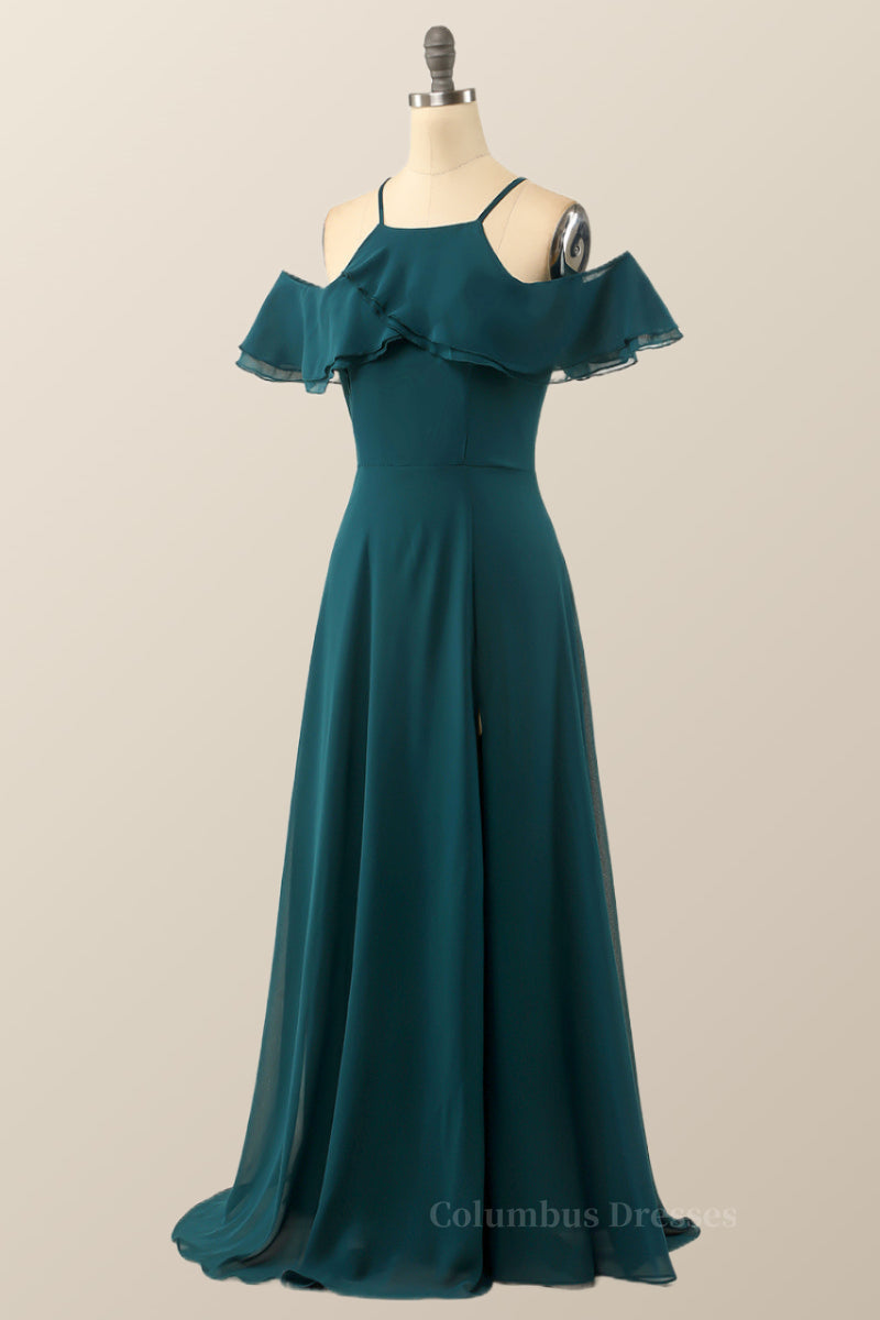 Turquoise Green Chiffon A-line Long Simple Dress Secondary image