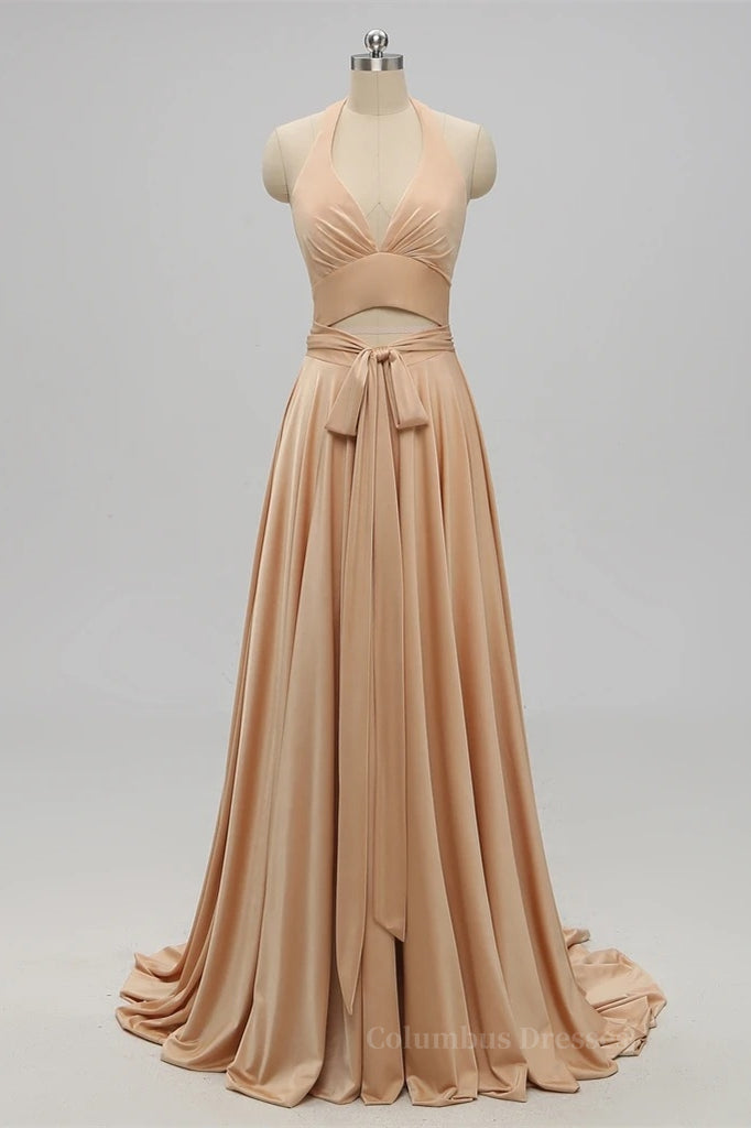 Prom Dress Shiny, Two Piece Gold Long Bridesmaid Dress