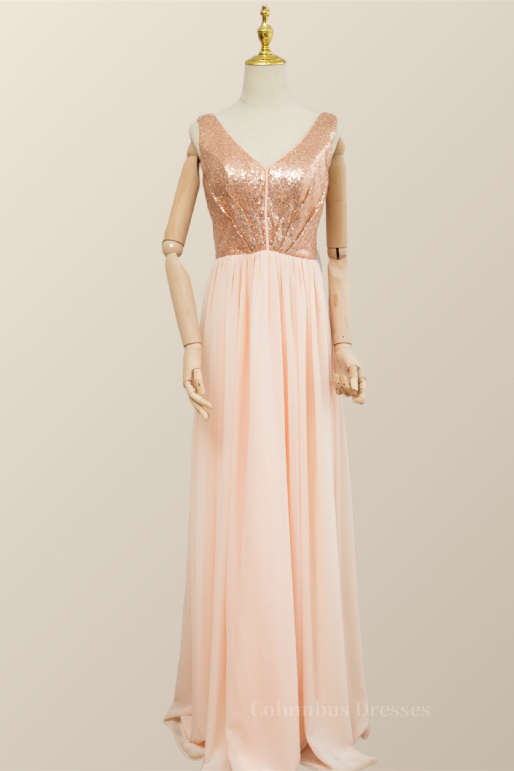 Bridesmaids Dresses Modest, V Neck Rose Gold Sequin and Chiffon Long Bridesmaid Dress