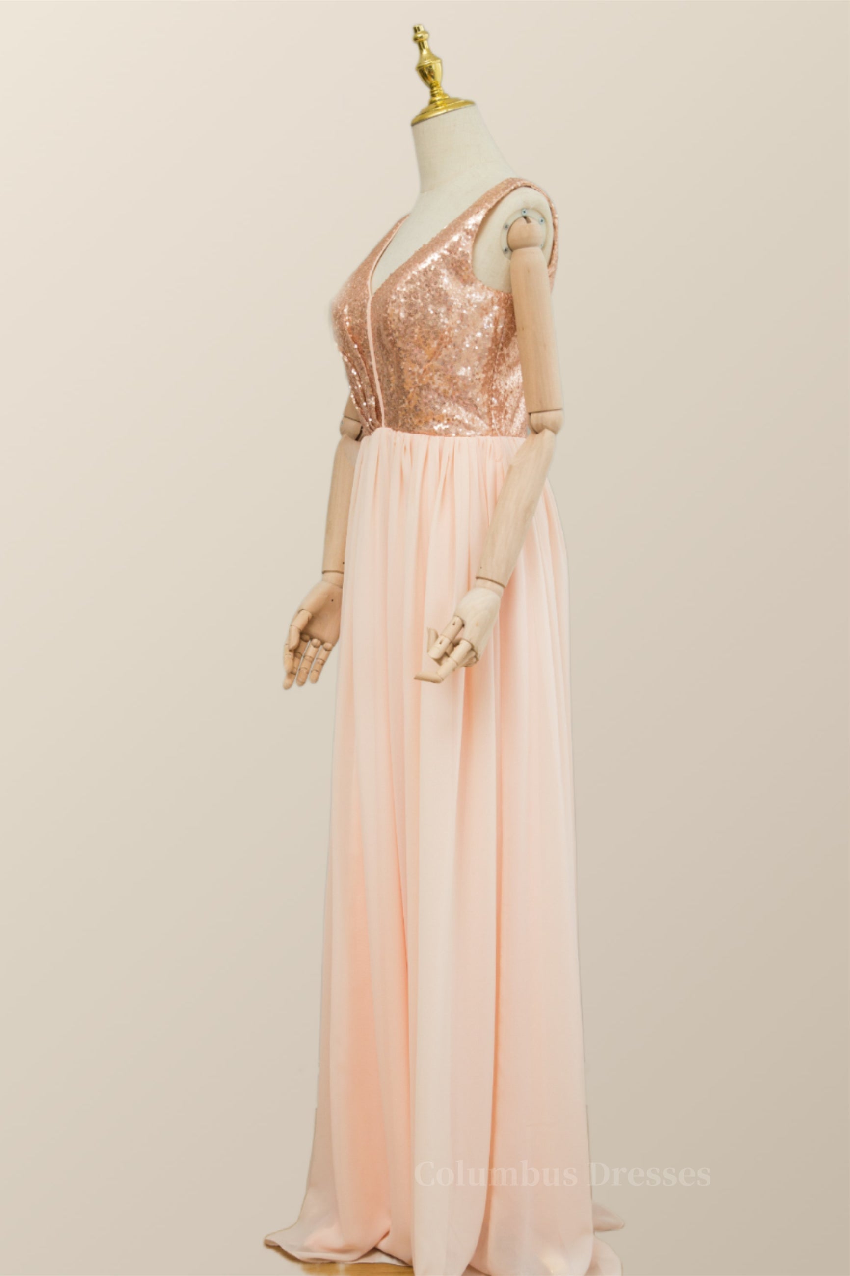 V Neck Rose Gold Sequin and Chiffon Long Bridesmaid Dress Secondary image