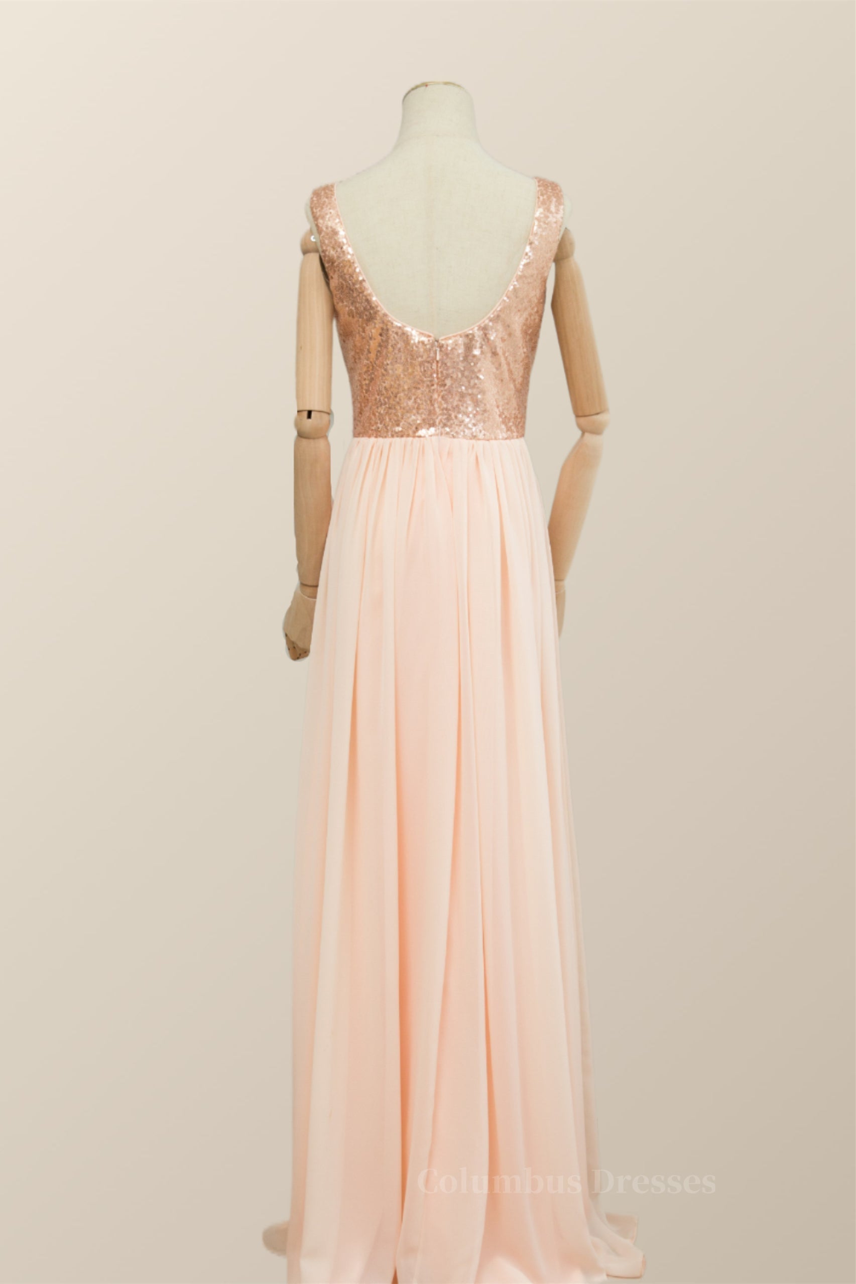 Bridesmaid Dresses Mauve, V Neck Rose Gold Sequin and Chiffon Long Bridesmaid Dress Main image