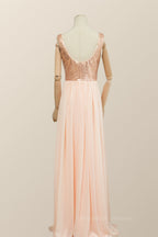 Bridesmaid Dresses Mauve, V Neck Rose Gold Sequin and Chiffon Long Bridesmaid Dress