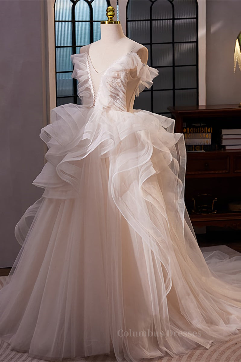 White Off-Shoulder Ruffle Layers A-line Long Prom Dress Secondary image