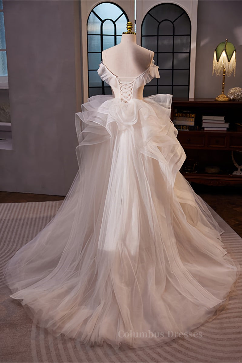 Party Dress Shops Near Me, White Off-Shoulder Ruffle Layers A-line Long Prom Dress Main image