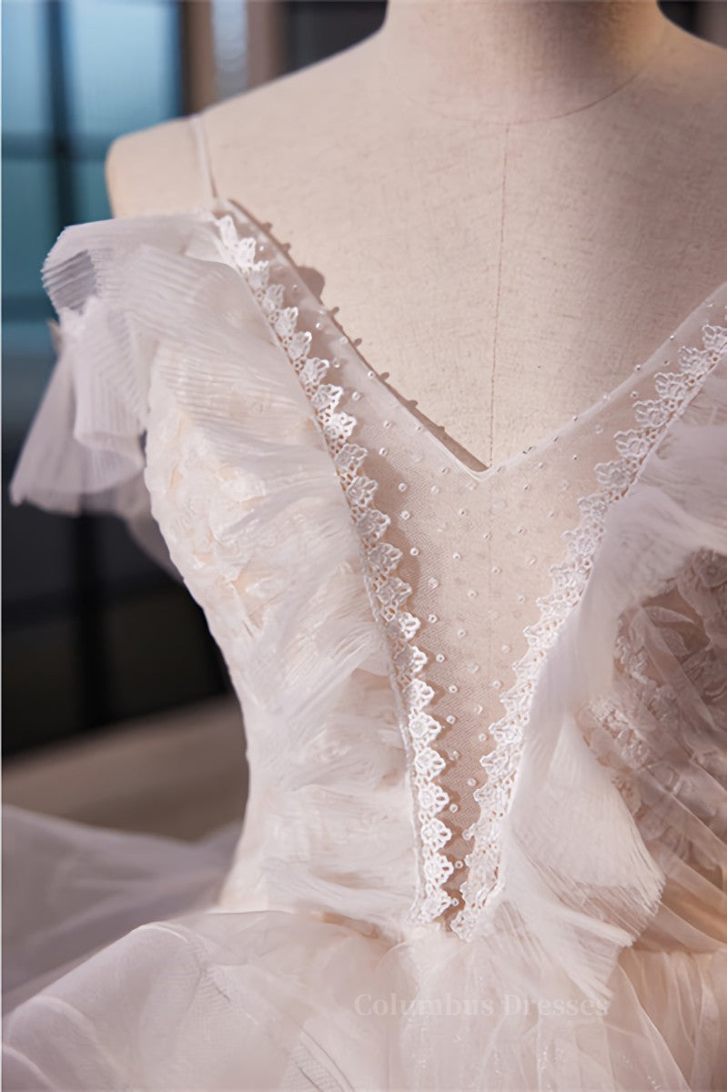 Party Dress Fancy, White Off-Shoulder Ruffle Layers A-line Long Prom Dress