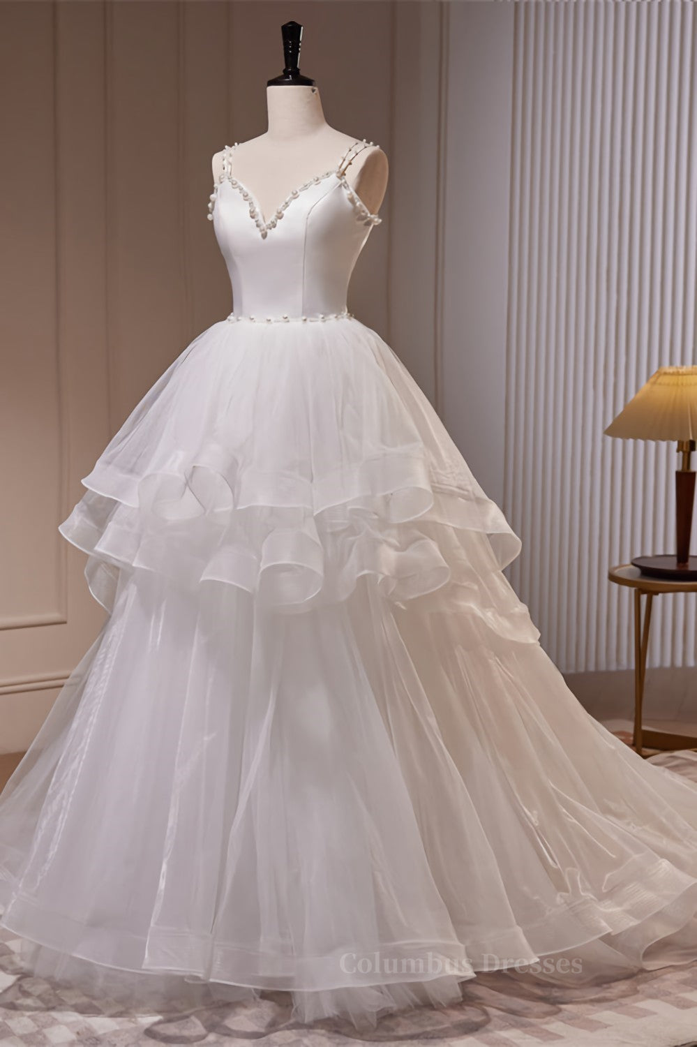 White Pearl Beaded Double Straps Ruffle-Layers Long Wedding Dress Secondary image