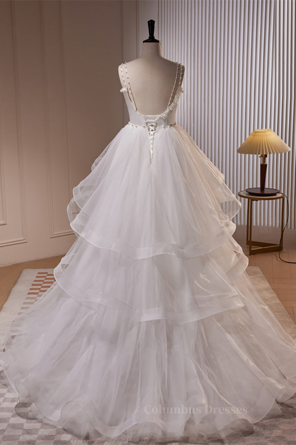 Wedding Dress Deals, White Pearl Beaded Double Straps Ruffle-Layers Long Wedding Dress Main image