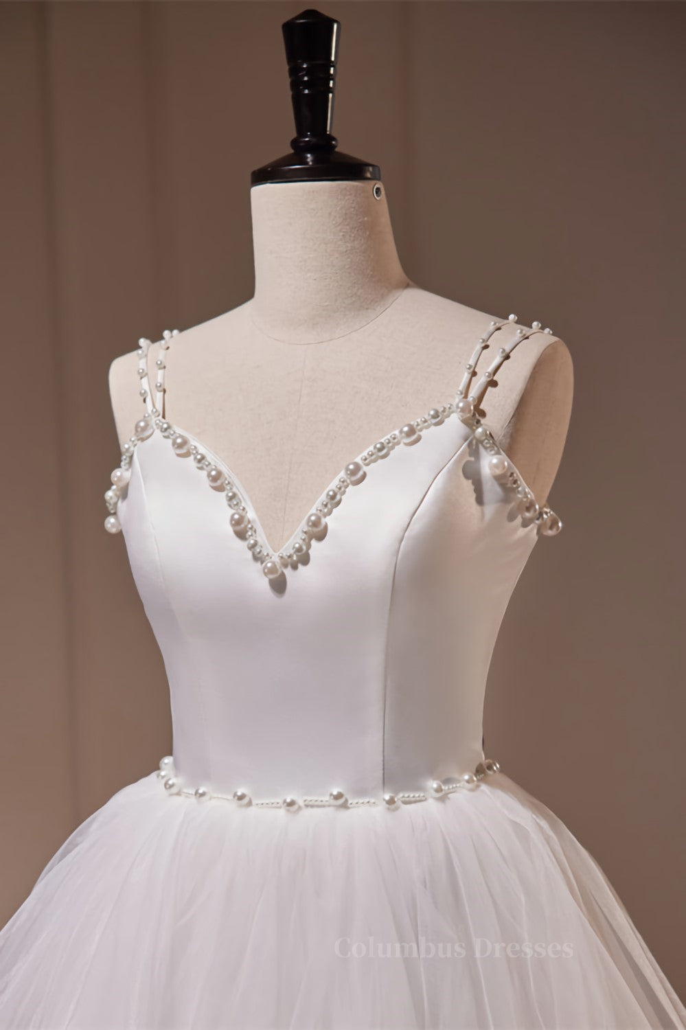 Wedding Dress With Straps, White Pearl Beaded Double Straps Ruffle-Layers Long Wedding Dress