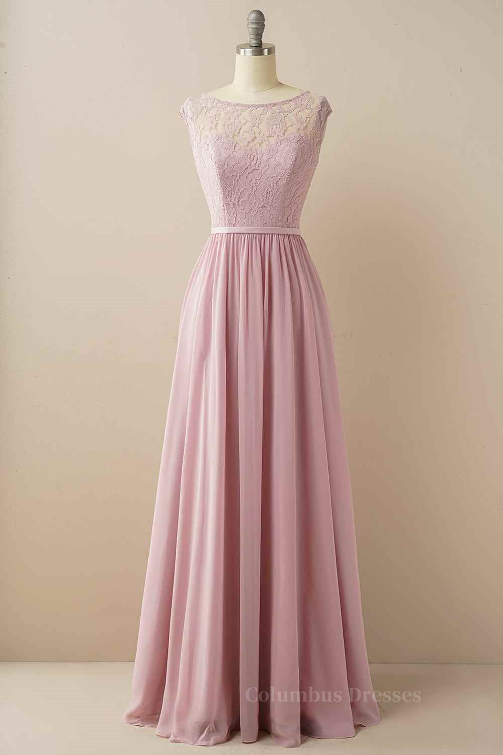 Bridesmaid Dresses Blue, Wisteria A-line Illusion Lace Cap Sleeves Chiffon Long Prom Dress