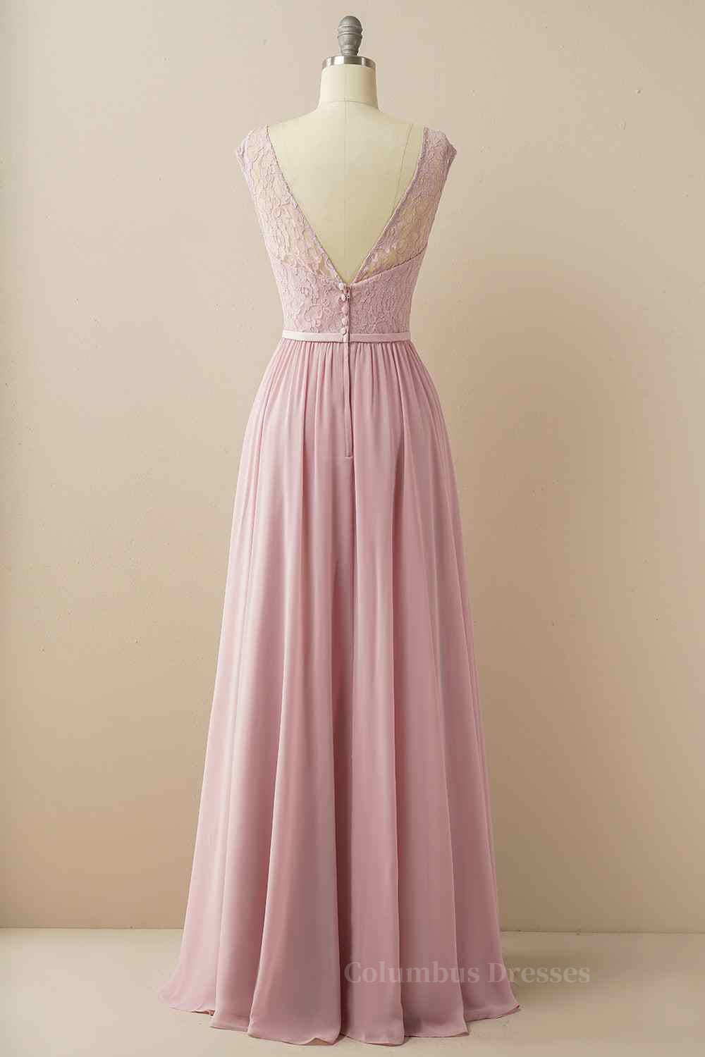 Bridesmaid Dress Wedding, Wisteria A-line Illusion Lace Cap Sleeves Chiffon Long Prom Dress Main image
