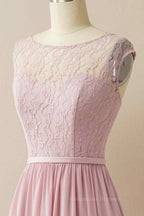 Bridesmaids Dress Inspiration, Wisteria A-line Illusion Lace Cap Sleeves Chiffon Long Prom Dress