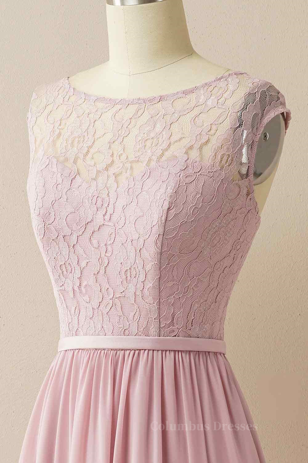 Bridesmaids Dress Inspiration, Wisteria A-line Illusion Lace Cap Sleeves Chiffon Long Prom Dress