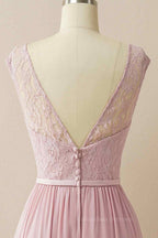 Bridesmaid Dresses Inspiration, Wisteria A-line Illusion Lace Cap Sleeves Chiffon Long Prom Dress