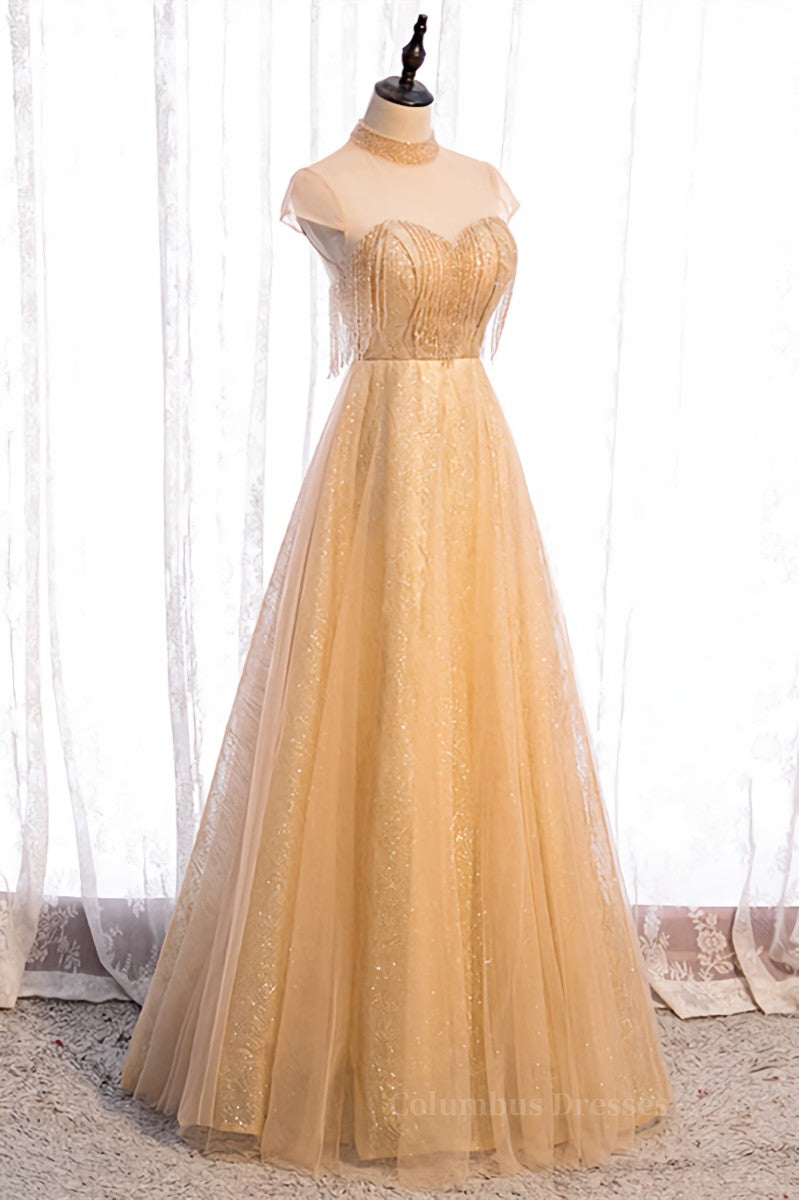 Semi Dress, Yellow A-line Beading Illusion Neck Lace-Up Tulle Long Formal Dress