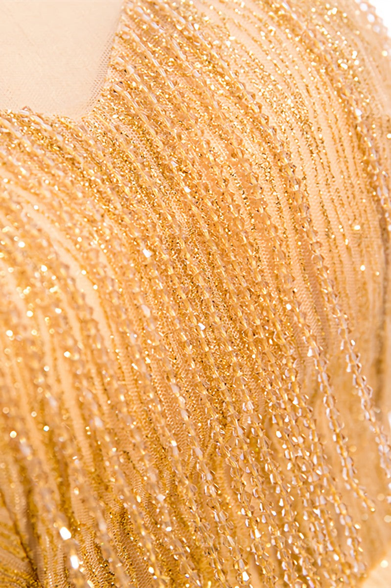 Evening Dresses On Sale, Yellow A-line Beading Illusion Neck Lace-Up Tulle Long Formal Dress