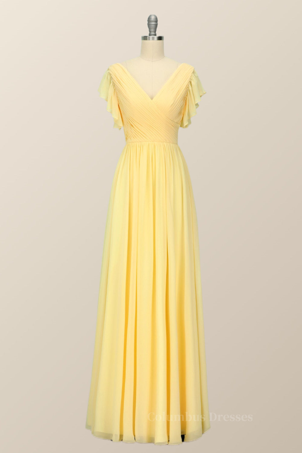 Prom Dresses For Blondes, Yellow Chiffon A-line Pleated Long Bridesmaid Dress