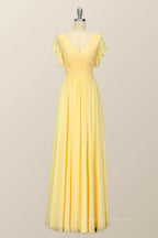 Prom Dresses For Blondes, Yellow Chiffon A-line Pleated Long Bridesmaid Dress