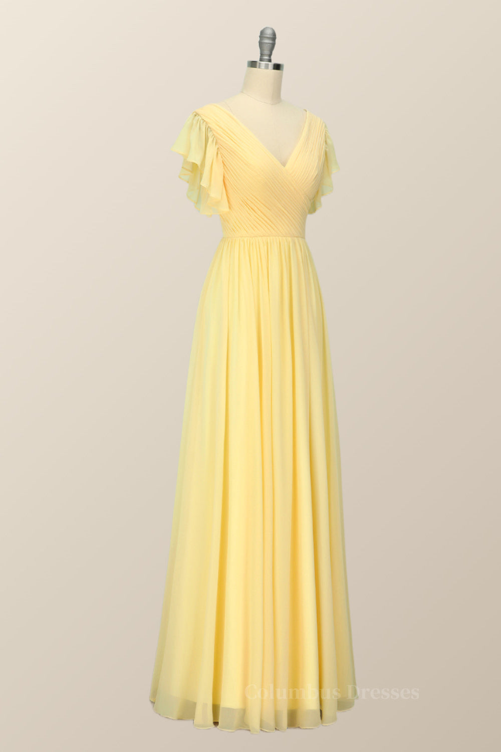 Prom Dress Corset, Yellow Chiffon A-line Pleated Long Bridesmaid Dress