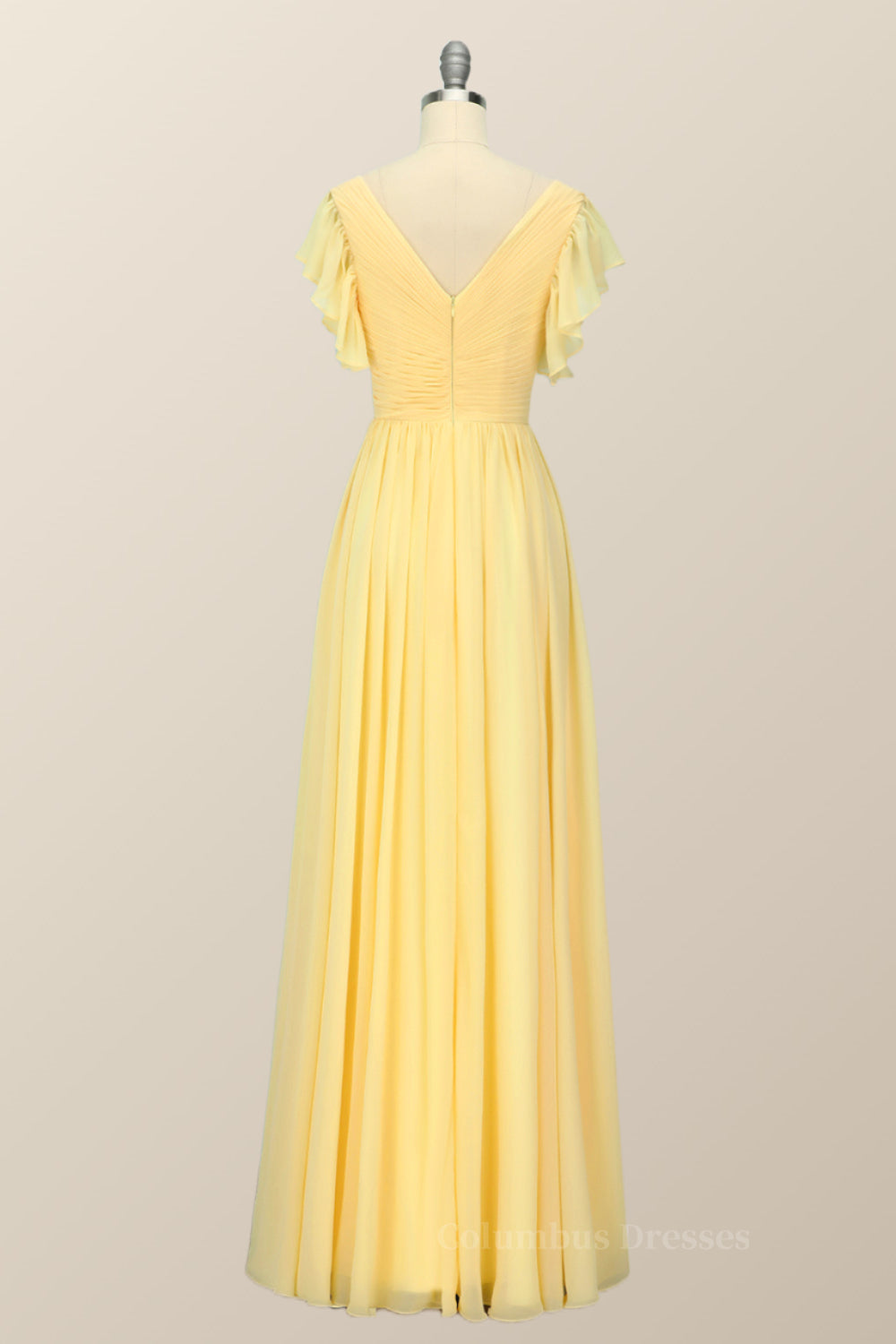 Prom Dresses Boho, Yellow Chiffon A-line Pleated Long Bridesmaid Dress Main image