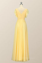 Prom Dresses Boho, Yellow Chiffon A-line Pleated Long Bridesmaid Dress