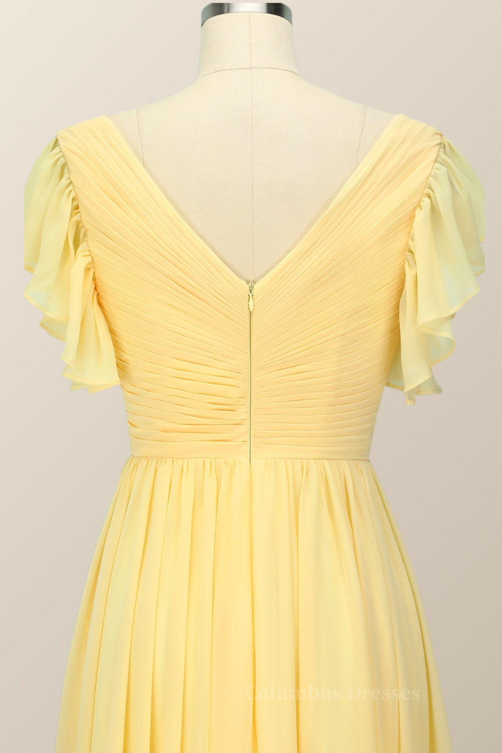 Prom Dresses For Black, Yellow Chiffon A-line Pleated Long Bridesmaid Dress
