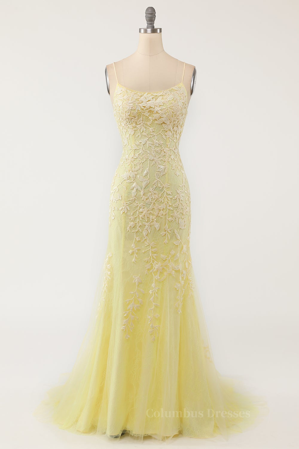 Prom Dresses For Short Girls, Yellow Mermaid Lace Appliques Long Formal Dress