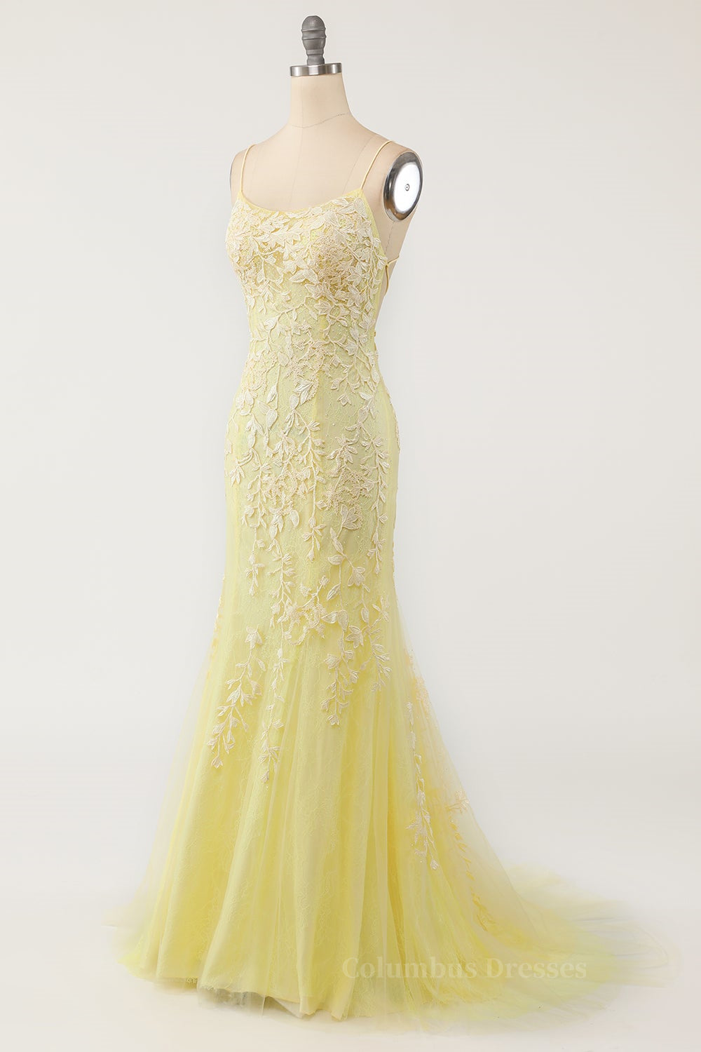 Prom Dresses For Short Girl, Yellow Mermaid Lace Appliques Long Formal Dress Main image