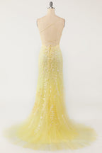 Prom Dress For Girl, Yellow Mermaid Lace Appliques Long Formal Dress