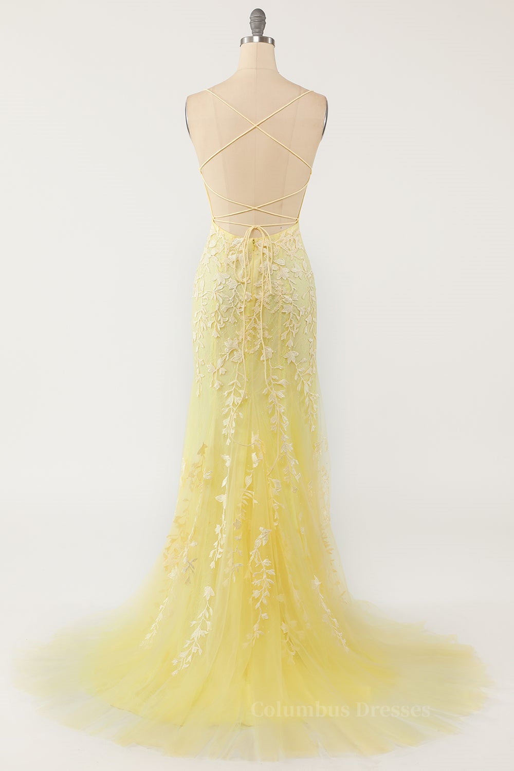 Prom Dress For Girl, Yellow Mermaid Lace Appliques Long Formal Dress