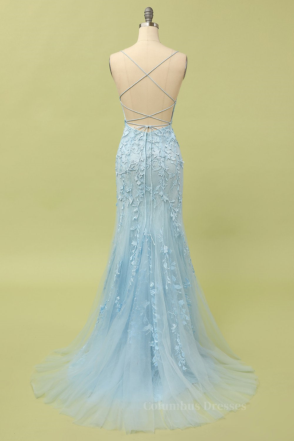 Prom Dresses For Girl, Yellow Mermaid Lace Appliques Long Formal Dress